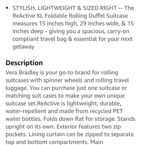 Very Bradley XL Duffle on Wheels NWT - Picture 9 of 12